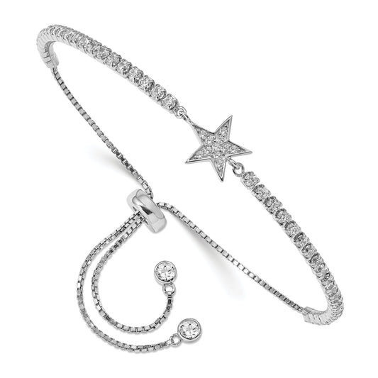 10 Inch Sterling Silver Rhodium-Plated Cz Star Adjustable Bracelet