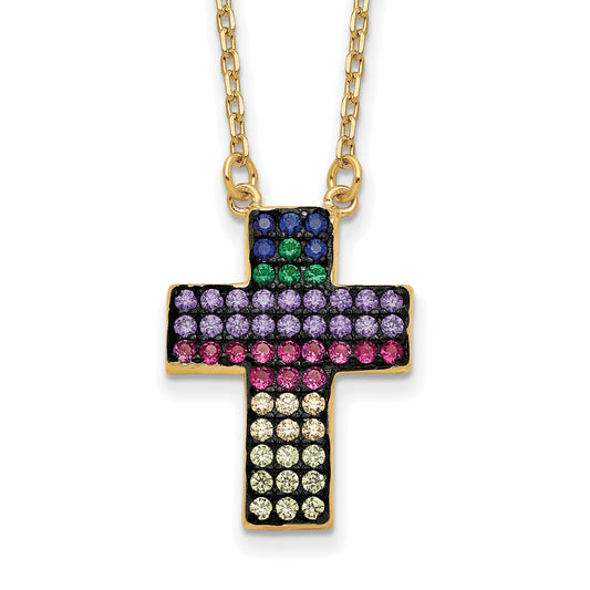 Sterling Silver Prizma Gold-Tone 14K Flash Gold-Plated 16 Inch Colorful Cz Cross Necklace With 2 Extender