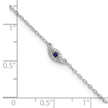 Sterling Silver Rhodium-Plated Polished Blue & White Cz Eye 10In Anklet