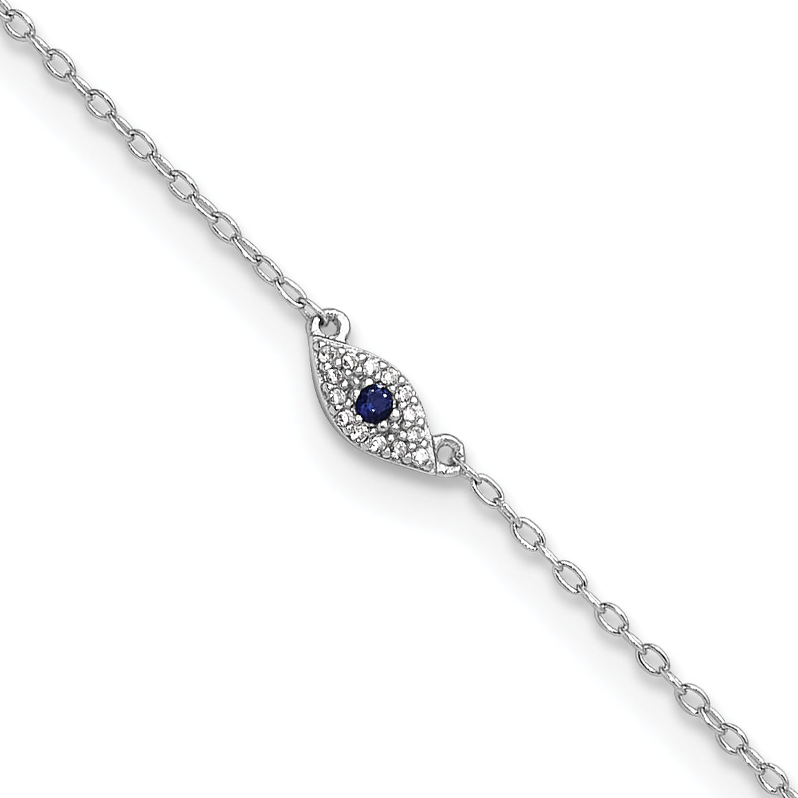 Sterling Silver Rhodium-Plated Polished Blue & White Cz Eye 10In Anklet