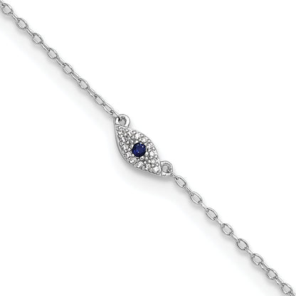 Sterling Silver Rhodium-Plated Polished Blue & White Cz Eye 10In Anklet