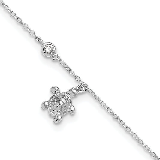 Sterling Silver Rhodium-Plated Polished Cz Turtle 9 Inch With An 1 Extention Anklet