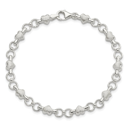 7.5 Inch Sterling Silver Satin & Polished Heart Chain Bracelet