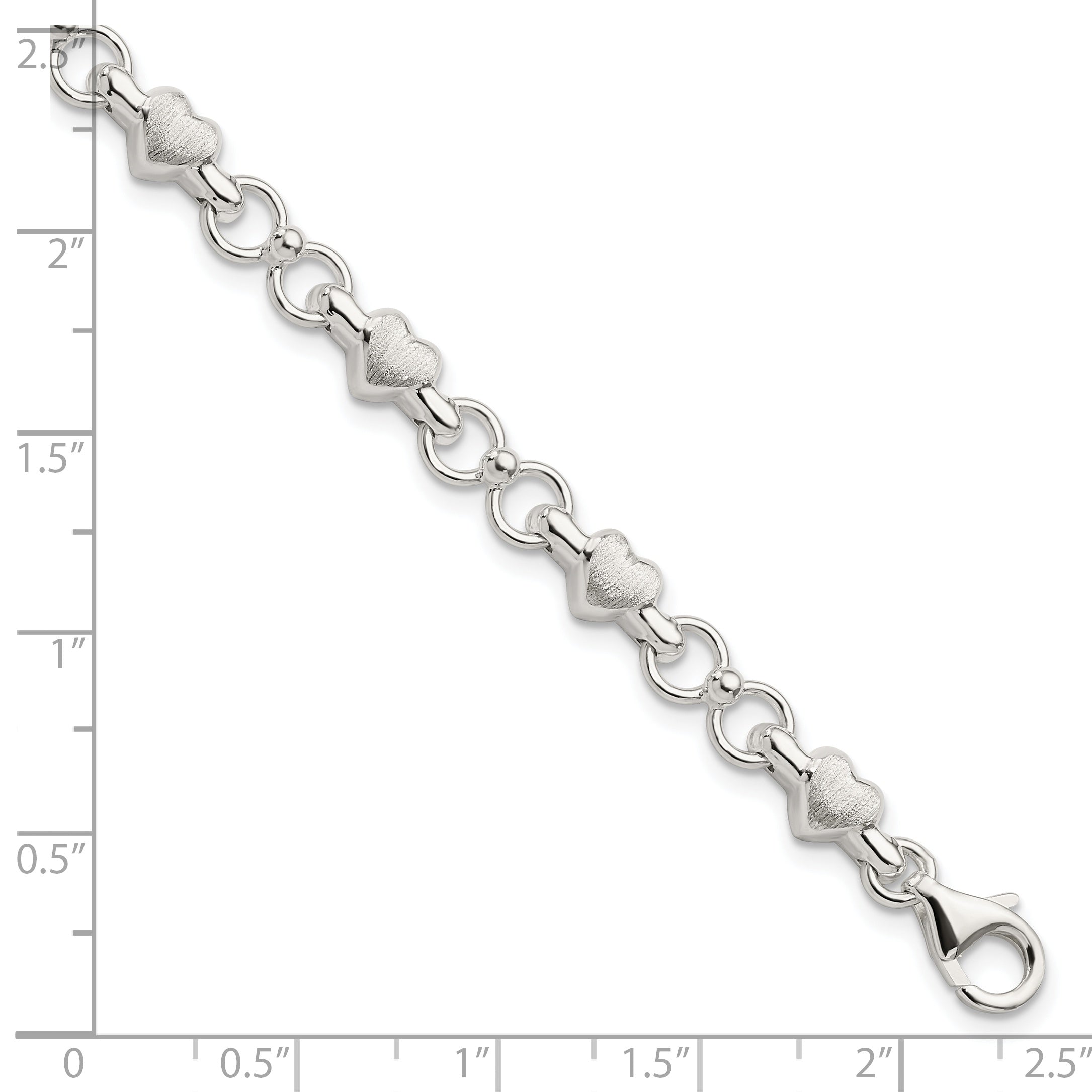 7.5 Inch Sterling Silver Satin & Polished Heart Chain Bracelet