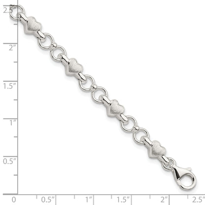 7.5 Inch Sterling Silver Satin & Polished Heart Chain Bracelet