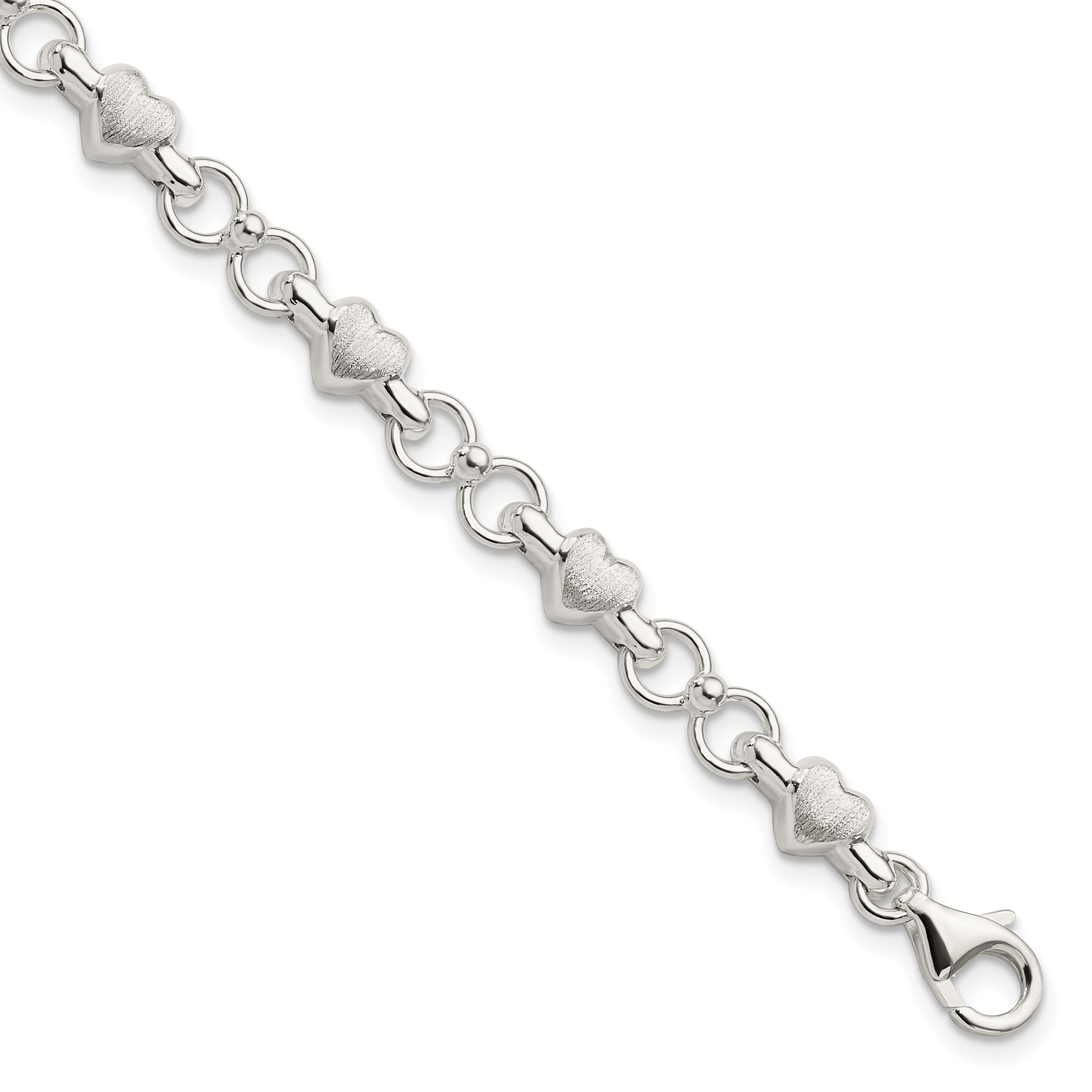7.5 Inch Sterling Silver Satin & Polished Heart Chain Bracelet