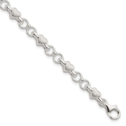 7.5 Inch Sterling Silver Satin & Polished Heart Chain Bracelet