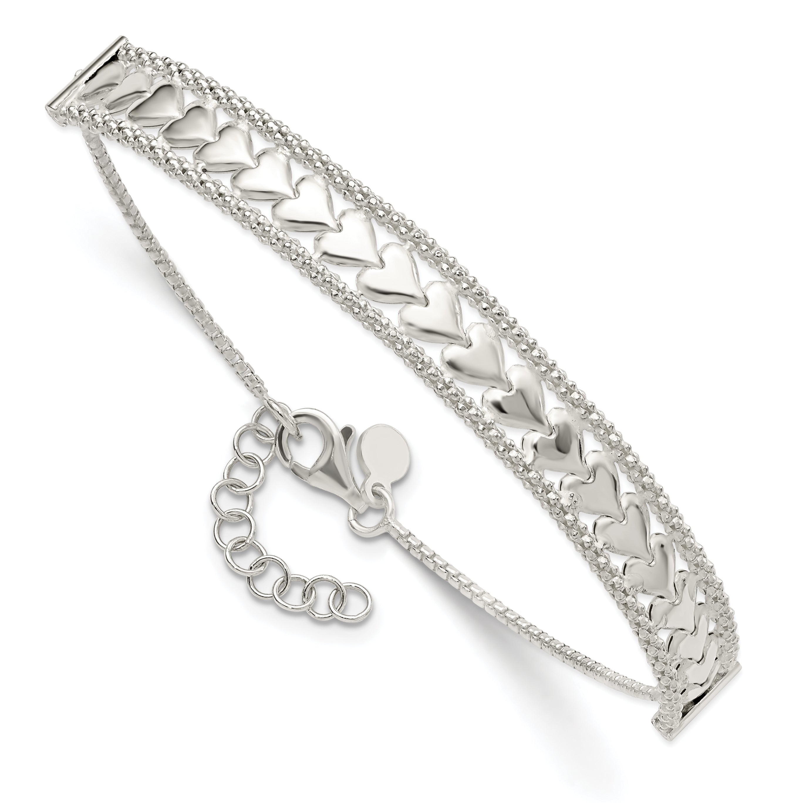 8 Inch Sterling Silver Hearts Chain W/1In Ext Bracelet