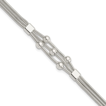 8.25 Inch Sterling Silver Polished Beaded 3-Strand W/ 1In Ext. Bracelet