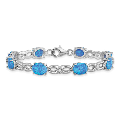7.25 Inch Sterling Silver Rhodium-Plated Polished Blue Created Opal & Cz Bracelet