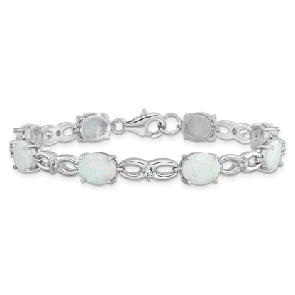 7.25 Inch Sterling Silver Rhodium-Plated Polished White Created Opal & Cz Bracelet