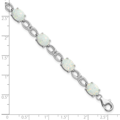 7.25 Inch Sterling Silver Rhodium-Plated Polished White Created Opal & Cz Bracelet