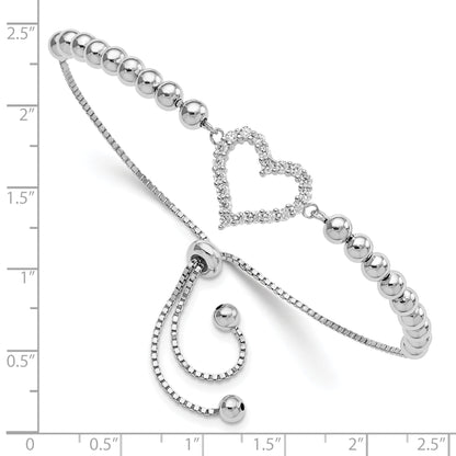 Sterling Silver Rhodium-Plated Beaded Cz Heart Adjustable Bracelet