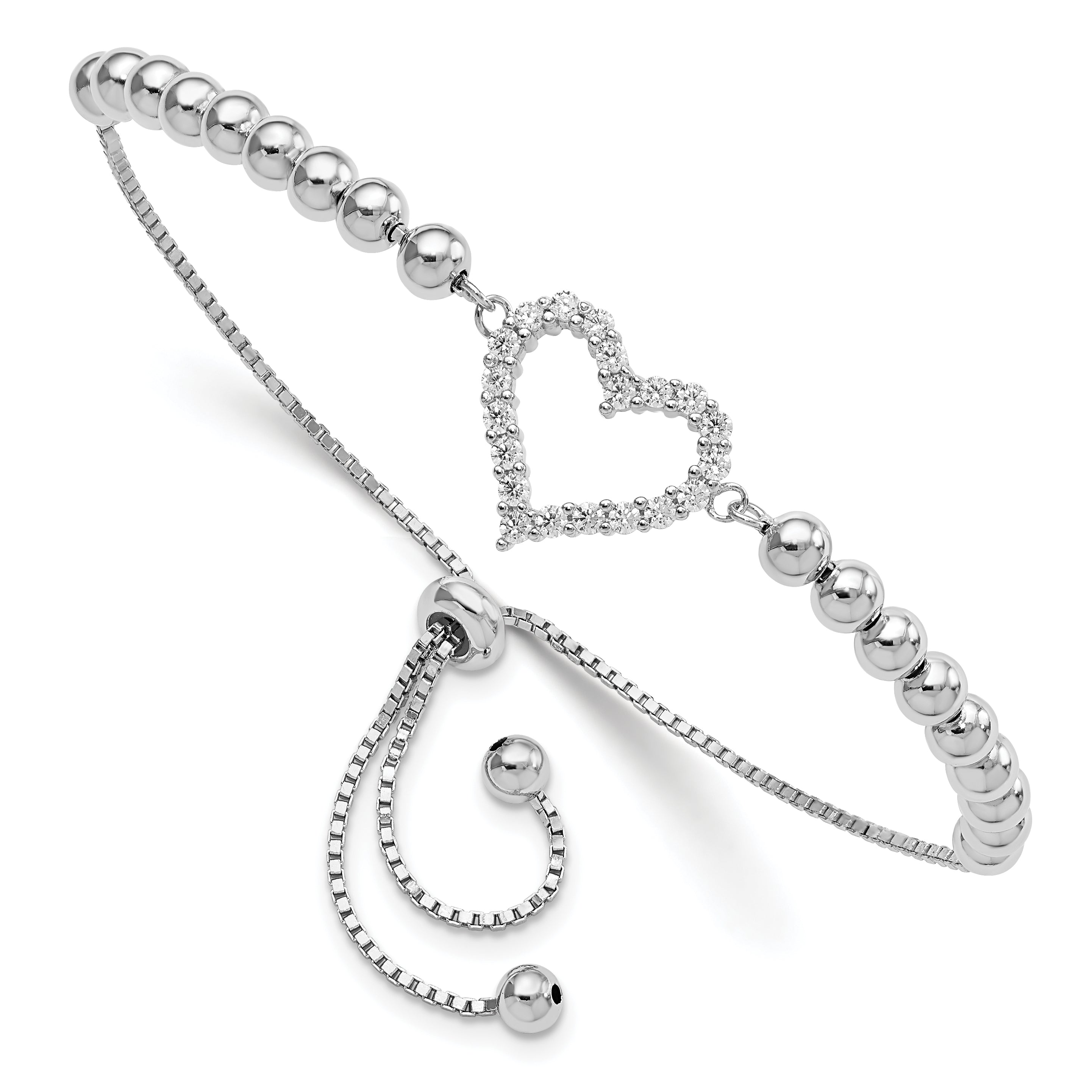 Sterling Silver Rhodium-Plated Beaded Cz Heart Adjustable Bracelet