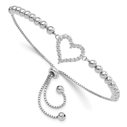 Sterling Silver Rhodium-Plated Beaded Cz Heart Adjustable Bracelet
