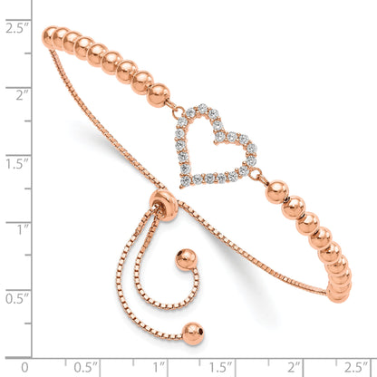 Sterling Silver Rose-Tone Beaded Cz Heart Adjustable Bracelet