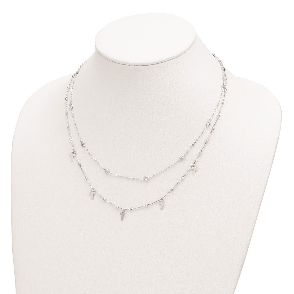 Sterling Silver Rhodium-Plated Polished Cross And Cz W/ 2In Ext. Necklace