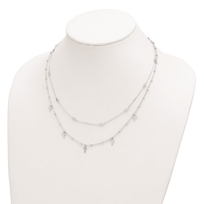 Sterling Silver Rhodium-Plated Polished Cross And Cz W/ 2In Ext. Necklace