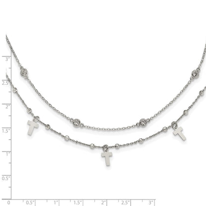 Sterling Silver Rhodium-Plated Polished Cross And Cz W/ 2In Ext. Necklace