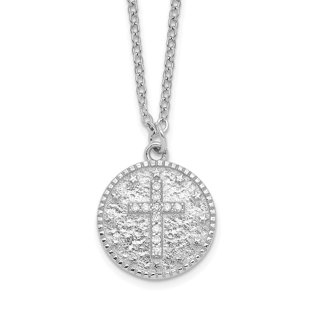 Sterling Silver Rhodium-Plated Polished Cz Cross Necklace
