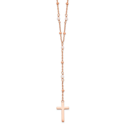 Sterling Silver Rose-Tone Rose Quartz Beaded Cross W/2 In Ext. Necklace