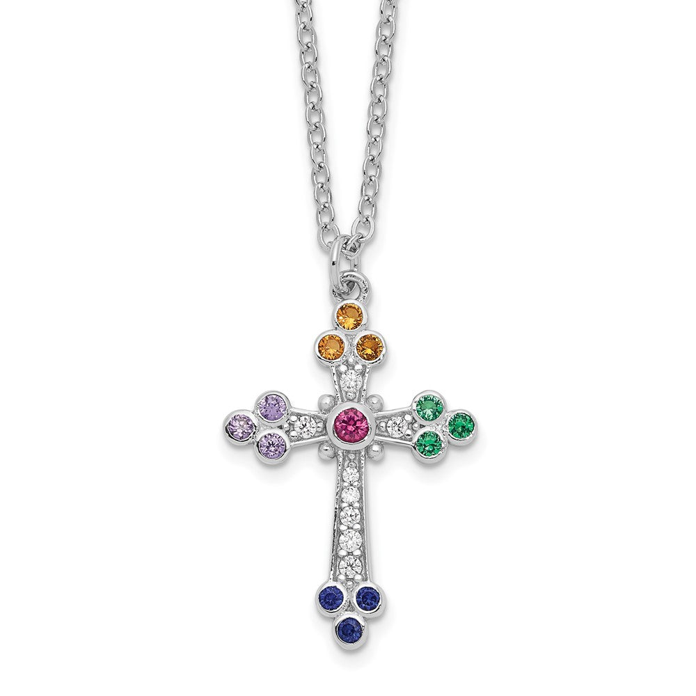 Sterling Silver Rhodium-Plated Polished Multi-Color Cz Cross Necklace