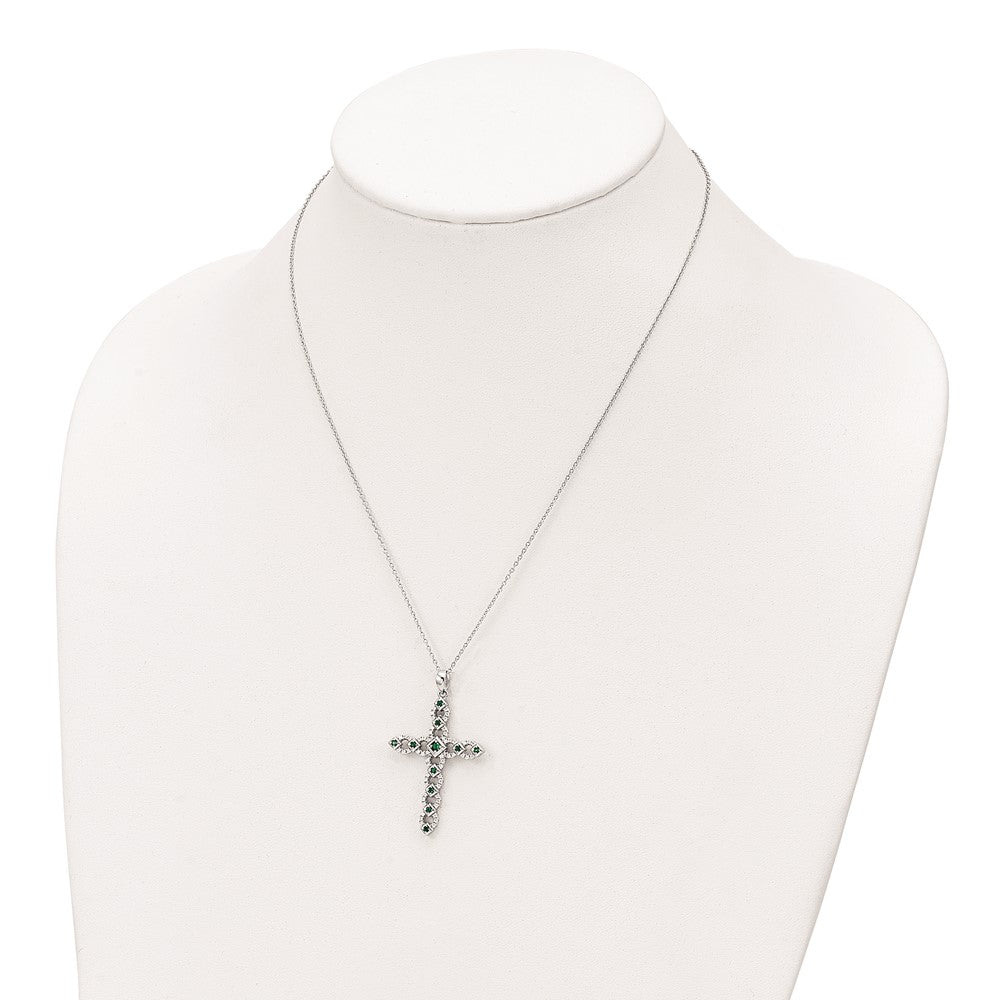 Sterling Silver Rhodium-Plated Cz & Green Nano Crystal Cross 18In Necklace