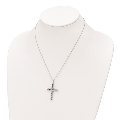 Sterling Silver Rhodium-Plated Cz & Green Nano Crystal Cross 18In Necklace