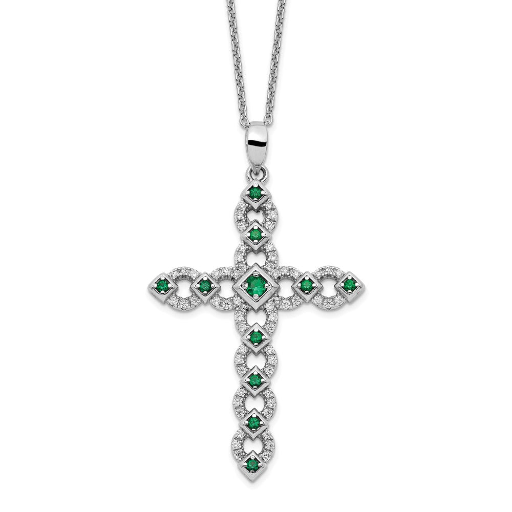 Sterling Silver Rhodium-Plated Cz & Green Nano Crystal Cross 18In Necklace
