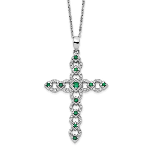 Sterling Silver Rhodium-Plated Cz & Green Nano Crystal Cross 18In Necklace