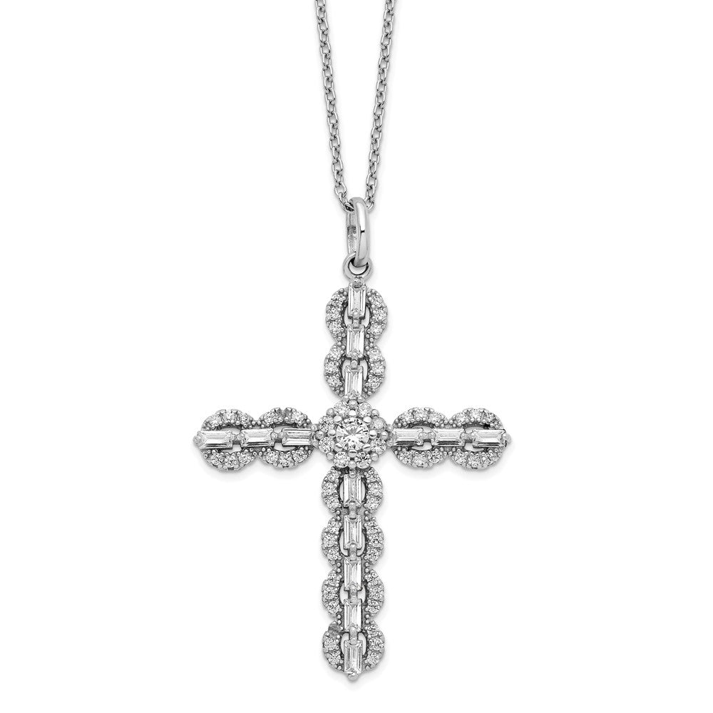 Sterling Silver Rhodium-Plated Polished Cz Cross Necklace