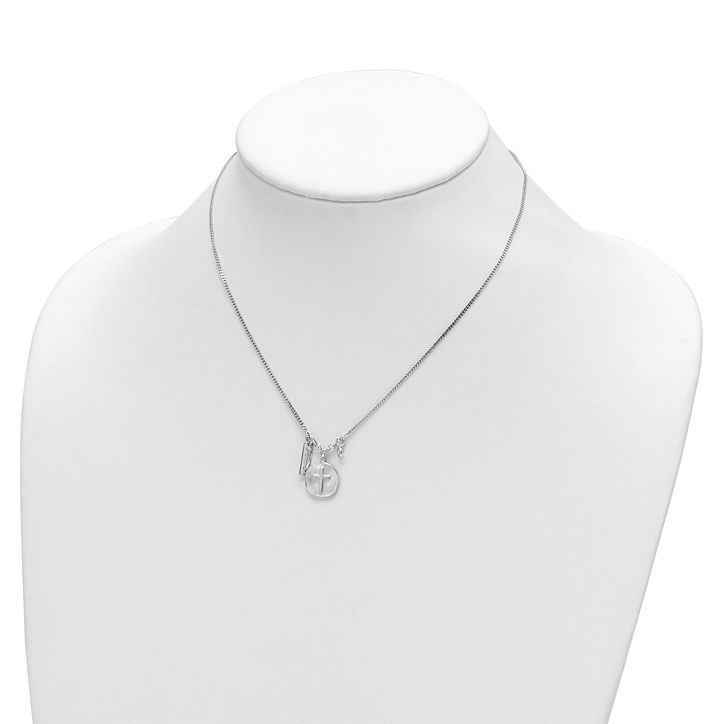 Sterling Silver Rhodium-Plated Satin Cross/Hope/Cz W/1.5In Ext Necklace