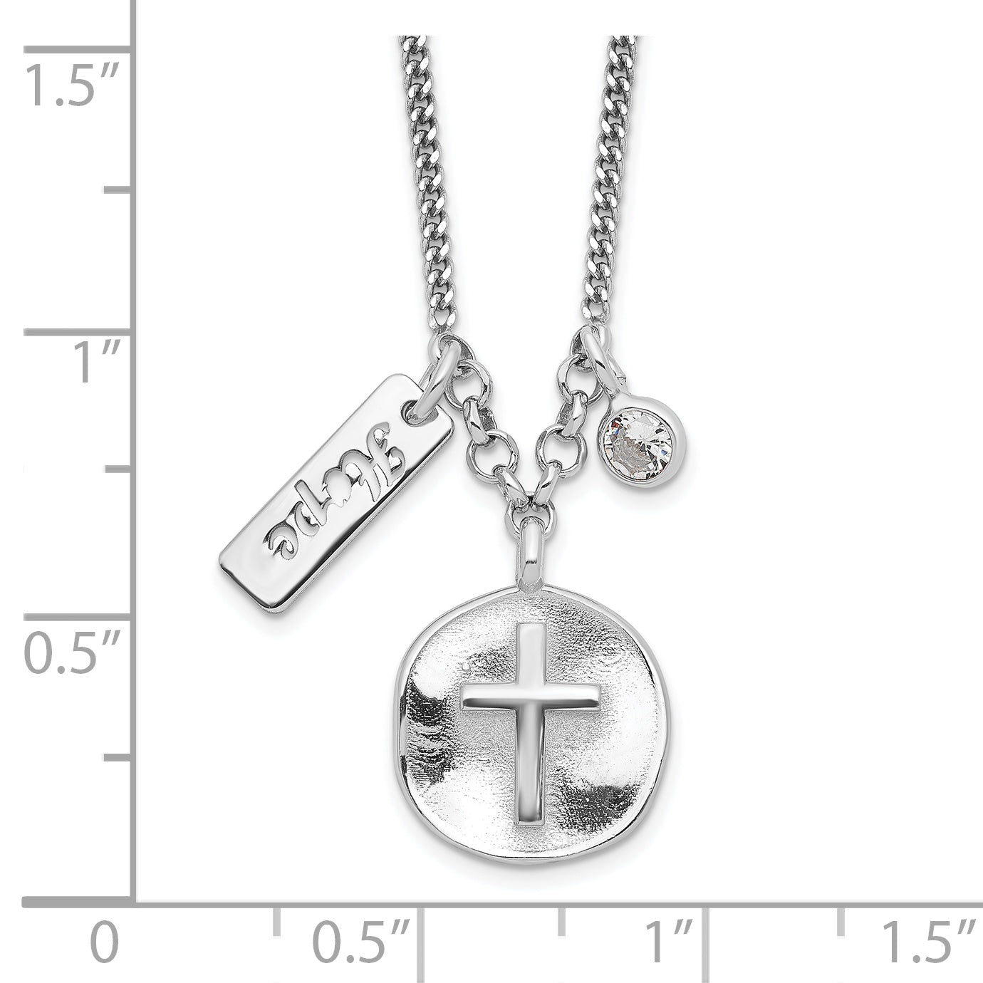 Sterling Silver Rhodium-Plated Satin Cross/Hope/Cz W/1.5In Ext Necklace
