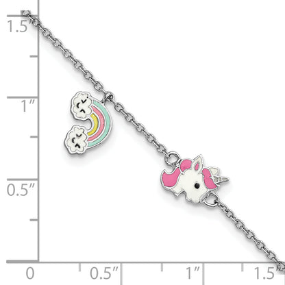 6.75 Inch Sterling Silver Rhodium-Plated Polished & Multi-Color Enameled Unicorn Rainbow With 1 Extension Children'S Bracelet