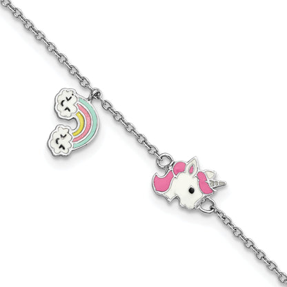 6.75 Inch Sterling Silver Rhodium-Plated Polished & Multi-Color Enameled Unicorn Rainbow With 1 Extension Children'S Bracelet