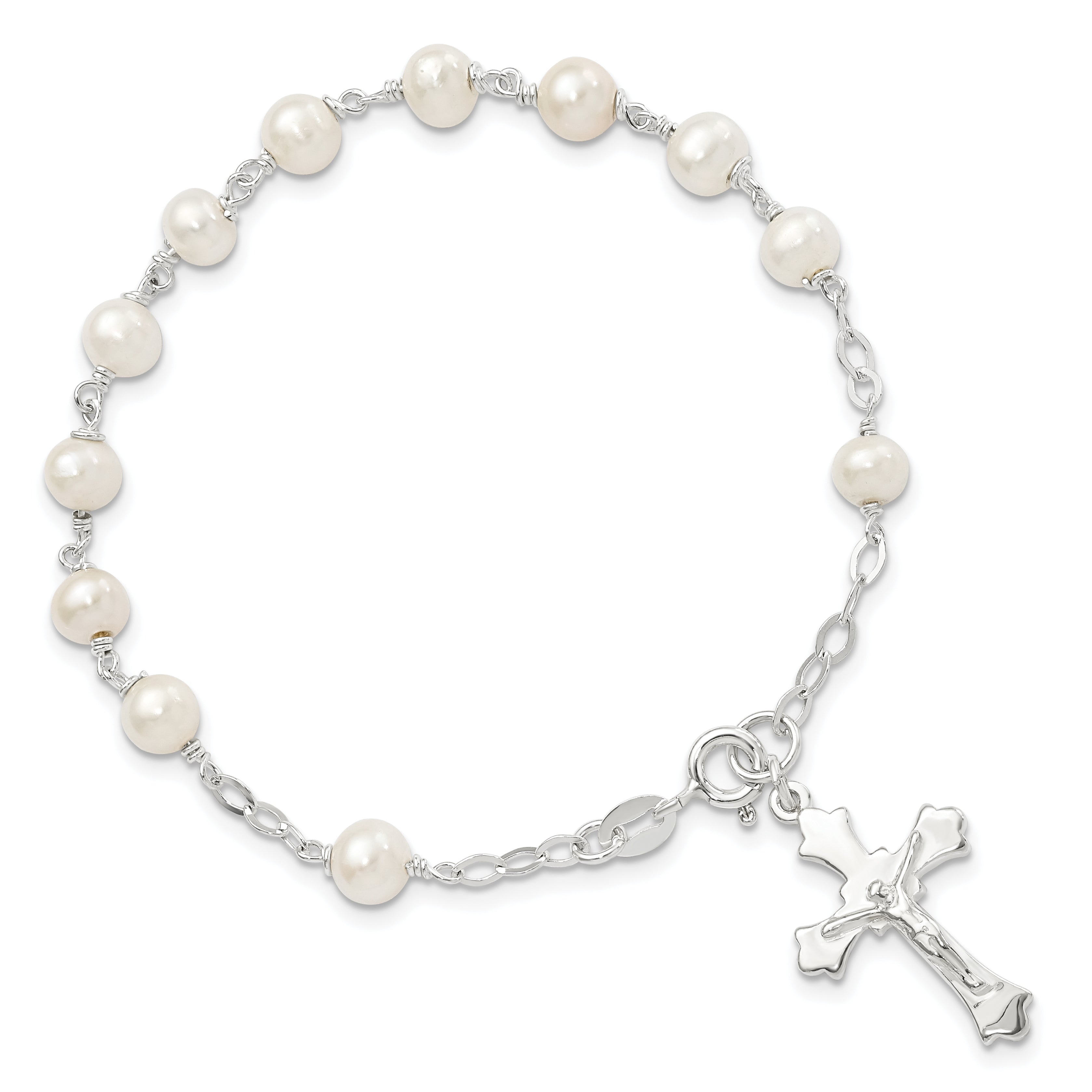 Sterling Silver And Fw Cultured Pearl Rosary 7.5 Inch Bracelet