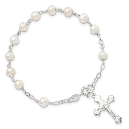 Sterling Silver And Fw Cultured Pearl Rosary 7.5 Inch Bracelet