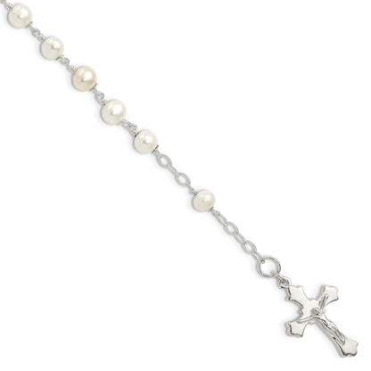 Sterling Silver And Fw Cultured Pearl Rosary 7.5 Inch Bracelet