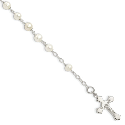 Sterling Silver And Fw Cultured Pearl Rosary 7.5 Inch Bracelet