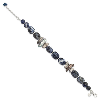 16 Inch Sterling Silver Sodalite/Grey Fw Cultured Pearl Bracelet