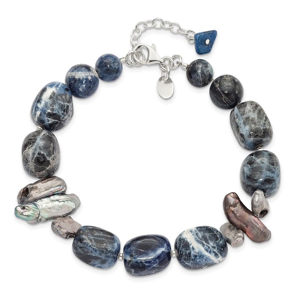 16 Inch Sterling Silver Sodalite/Grey Fw Cultured Pearl Bracelet