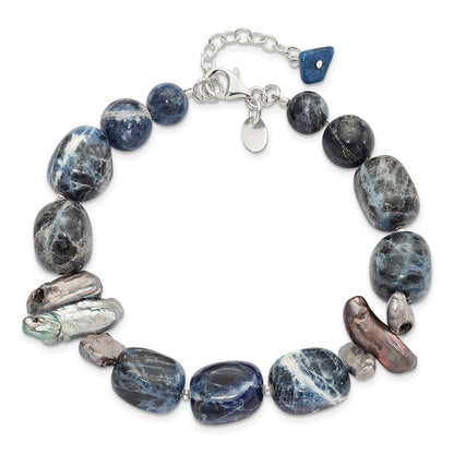16 Inch Sterling Silver Sodalite/Grey Fw Cultured Pearl Bracelet