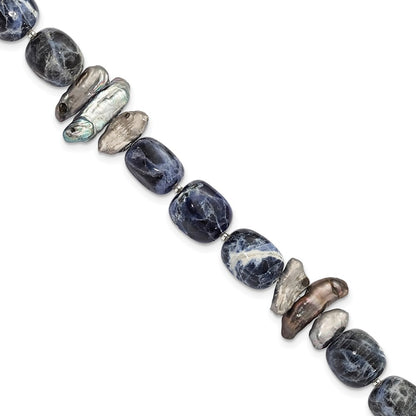 16 Inch Sterling Silver Sodalite/Grey Fw Cultured Pearl Bracelet