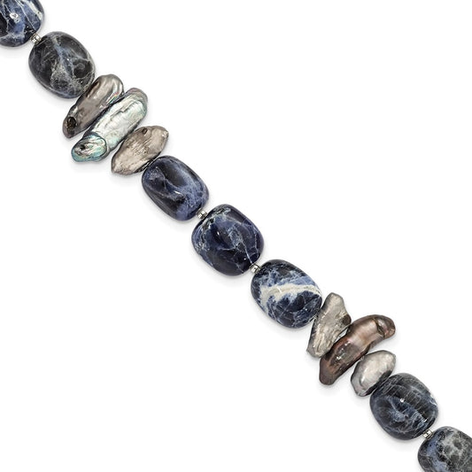 16 Inch Sterling Silver Sodalite/Grey Fw Cultured Pearl Bracelet