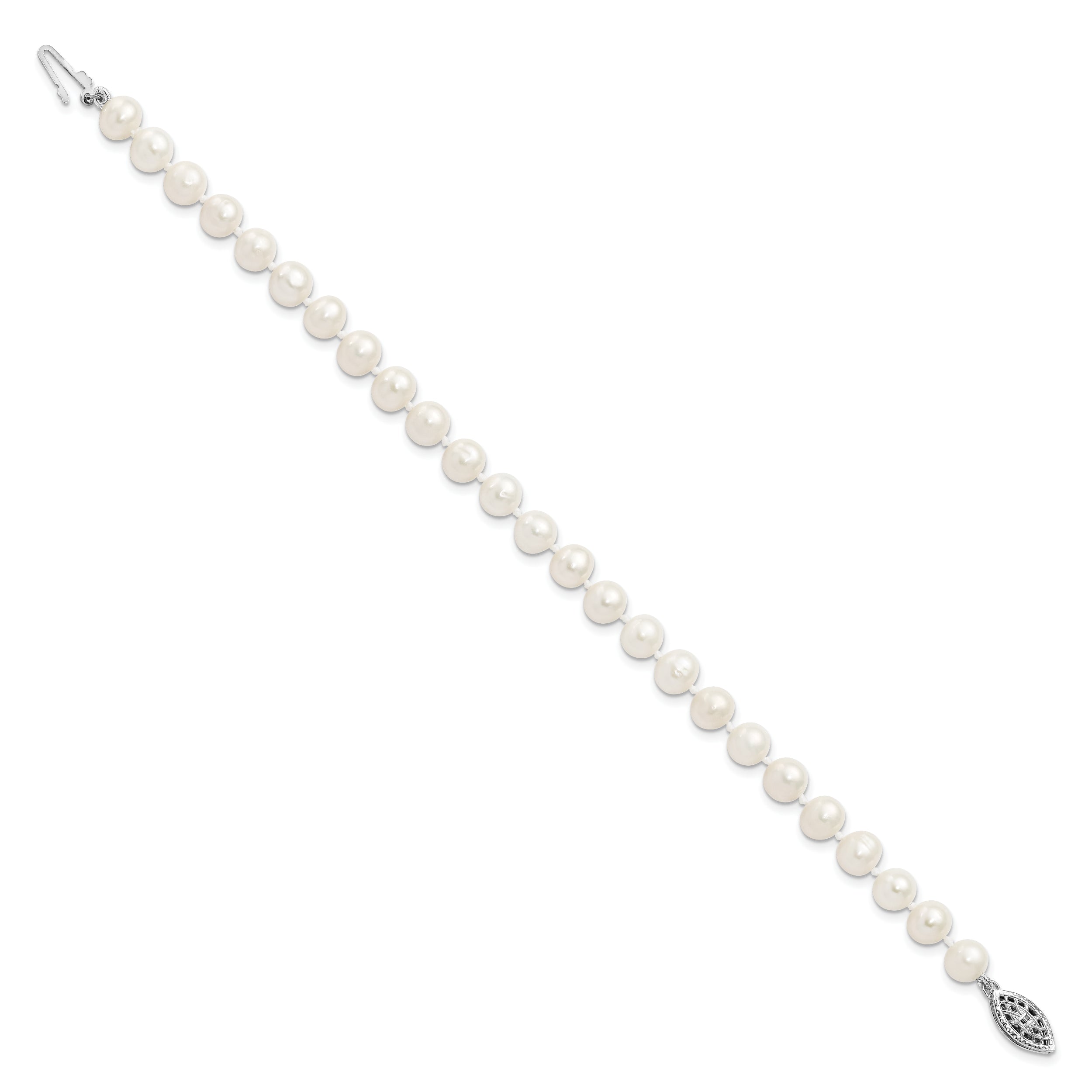 7.25 Inch Sterling Silver Rhodium 6-7mm White Freshwater Cultured Pearl Bracelet