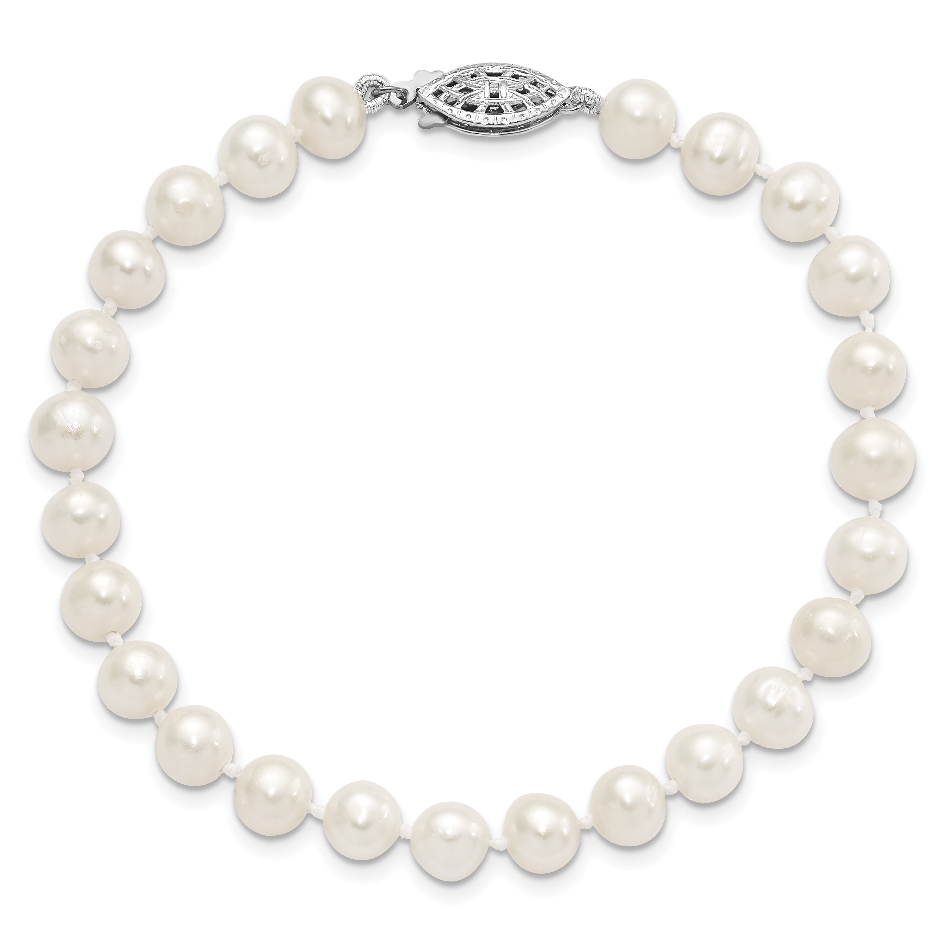 7.25 Inch Sterling Silver Rhodium 6-7mm White Freshwater Cultured Pearl Bracelet