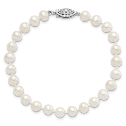 7.25 Inch Sterling Silver Rhodium 6-7mm White Freshwater Cultured Pearl Bracelet