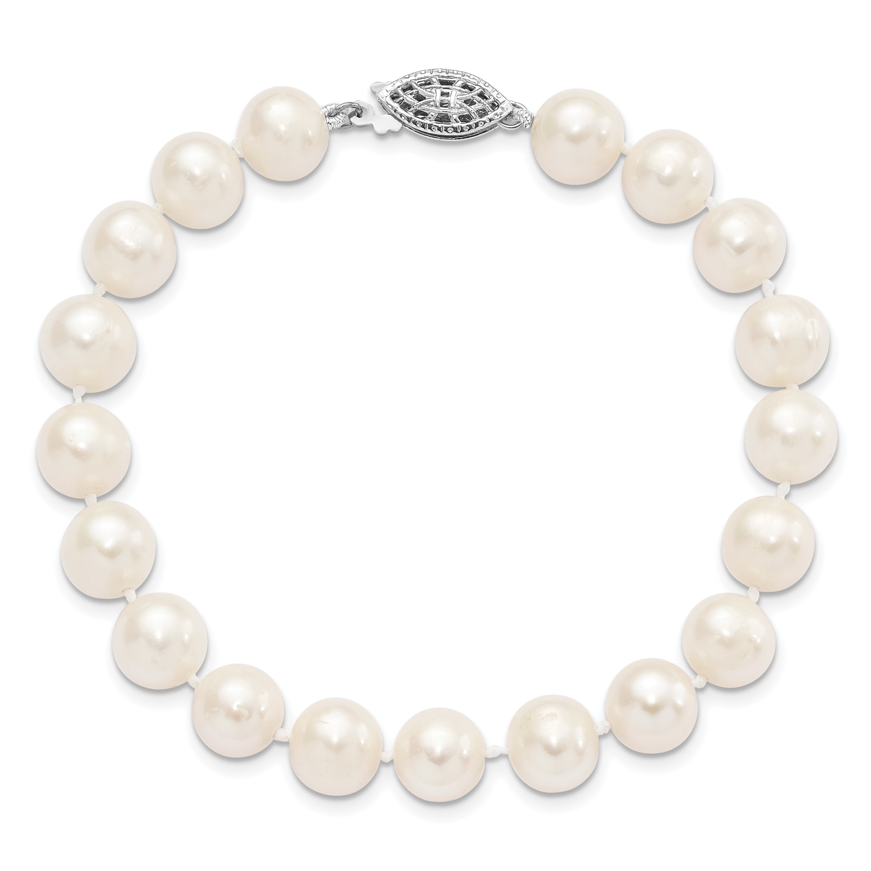7.25 Inch Sterling Silver Rhodium 8-9mm White Freshwater Cultured Pearl Bracelet