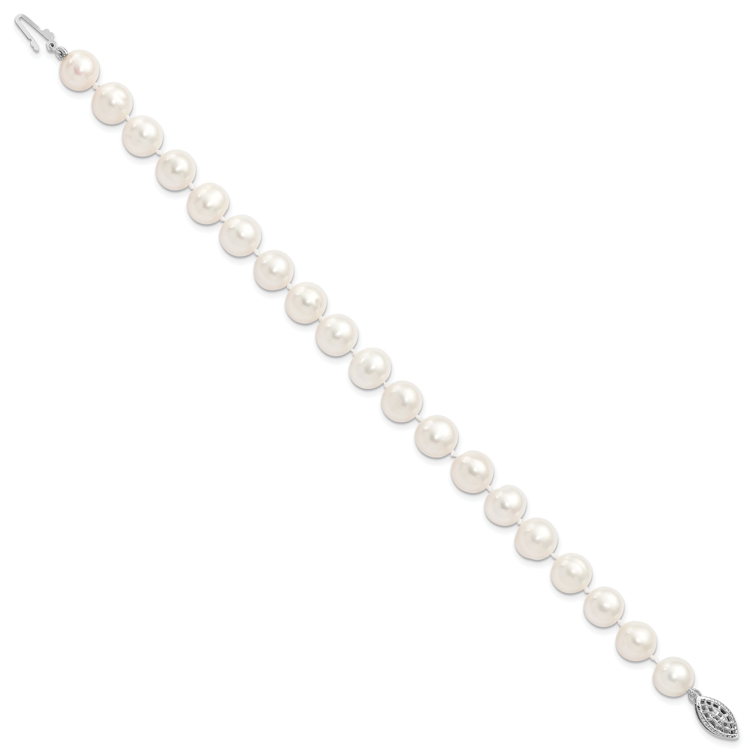 7.25 Inch Sterling Silver Rhodium 9-10mm White Fw Cultured Pearl Bracelet