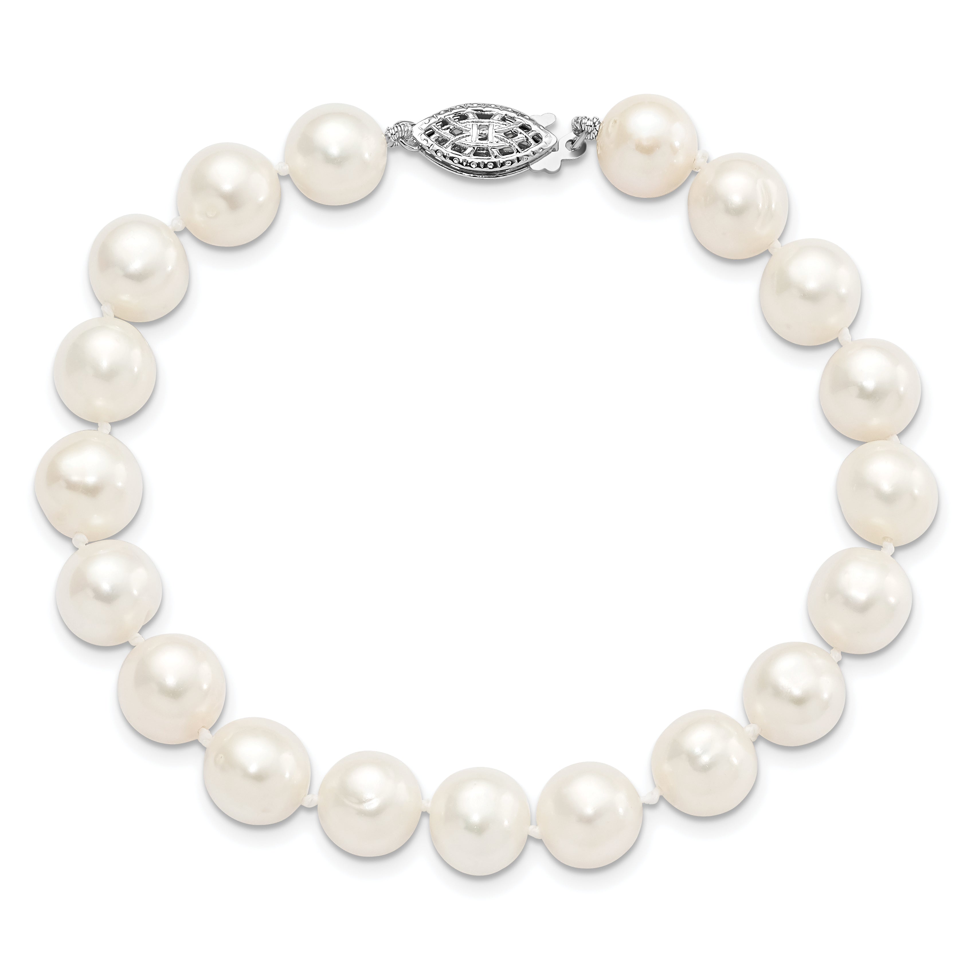 7.25 Inch Sterling Silver Rhodium 9-10mm White Fw Cultured Pearl Bracelet